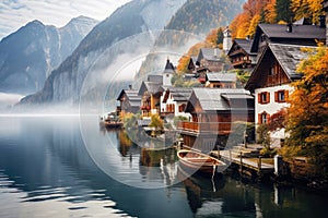 Hallstatt village on a foggy autumn morning, Austria, Misty autumn scene of Hallstatt lake. Splendid morning viev of Hallstatt