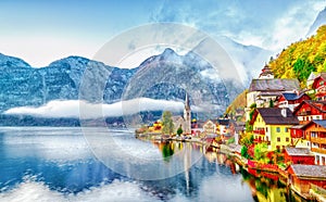 Hallstatter See on Lake Town Hallstatt in Austria Alpine mountains. High Alps parkland. Picturesque landscape.