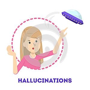 Hallucination concept. Woman see UFO. Schizophrenia symptom photo