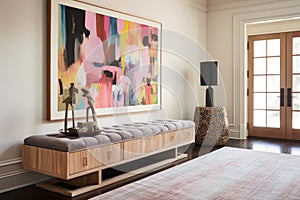 hallway with a built-in credenza, abstract art, and peg leg bench