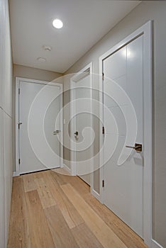 Hallway features ivory cabinets and taupe walls