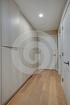 Hallway features ivory cabinets and taupe walls photo