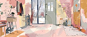 A hallway in flat cartoon style with a closed door that overlooks a winter landscape with a house and tree. Inside the