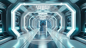 Hallway in futuristic spaceship, room interior of starship or space station. Inside corridor of spacecraft with bright led light.