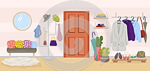 Hallway home interior, vector illustration. Apartment furniture in hall design, flat house entrance room with clothes