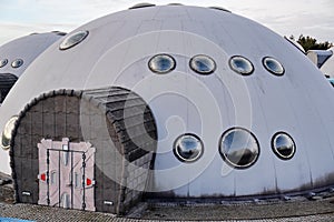 Hallway with a magic door in a spaceship. Metal security doors to a building from a game or fairy tale. Futuristic design