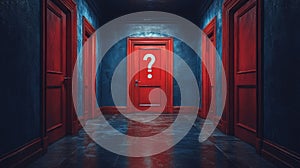 A hallway with multiple doors, each marked with a question mark, symbolizing lifes choices and endless possibilities.
