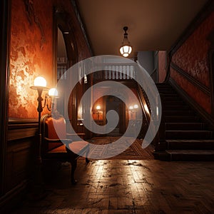 a hallway with orange walls and wooden floors