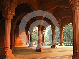 Hallway with pillers in Diwan-e-aam in Lal Qila  Red Fort in Delhi, India. On Independence Day every year Prime Minister of