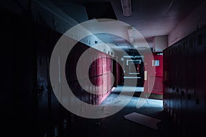 Hallway with Red Lockers and Doors - Vintage, Abandoned School