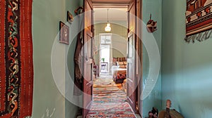 A hallway with a rug on the floor, boho home interior.