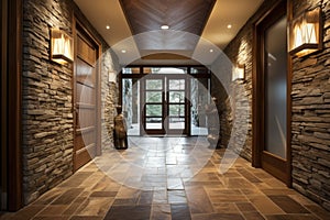 Hallway with stone tiled floor and wooden lining paneling walls. Home interior design of modern entrance hall with glass door