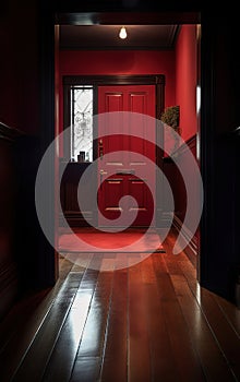 A hallway in a suburban home with a polished dark hardwood floor and a red front door.