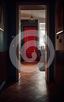 A hallway in a suburban home with a polished dark hardwood floor and a red front door.