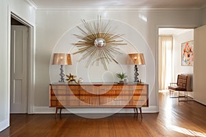 a hallway with a teak credenza, sunburst mirror, and a space-age chandelier