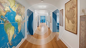 A hallway transformed into a mini-gallery, where the walls are graced by beautiful and unique maps photo