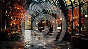 A Hallway of Windows Leading to The Four Forest Seasons Landscape Background