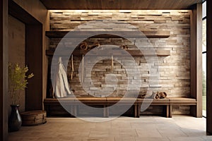 Hallway with wooden wall mounted shelf, lining ceiling and stone tiled floor. Rustic home interior design of modern entrance hall