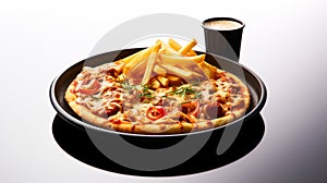 Hallyu Style Pizza Meal With Fries And Soda In Dark Grey Bowl