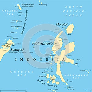 Halmahera, largest island of the Moluccas in Indonesia, political map photo