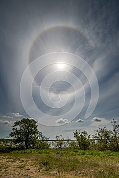 Halo around the sun in a layer of cirrostratus clouds.