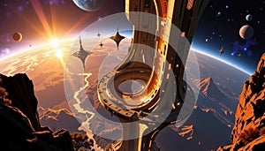 the halo ember skyrise, shaped like an inverted ring tower reaching above geostationary orbit photo