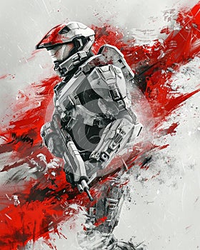 Halo Spartan, in the style of minimalist ink painting, frostpunk, white and red, marvel comics