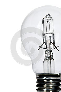 Halogen light bulb, white background.