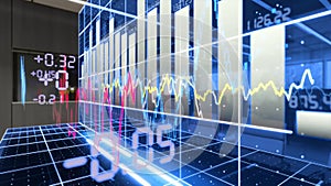 A halogram of stock charts. Glowing from the office table. 3d illustration