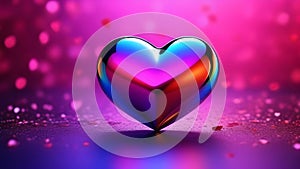 Halographic glossy heart on a neon pink-violet background. Background for Valentine& x27;s day. photo