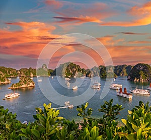 Halong Bay composition with orange sky and clouds, Vietnam