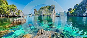 Halong bay unesco world heritage site with limestone islands and emerald waters in vietnam