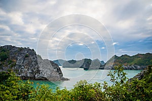 Halong Bay, Vietnam,  with limestone hills. Dramatic landscape of Ha Long bay, a UNESCO world heritage site