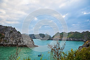 Halong Bay, Vietnam,  with limestone hills. Dramatic landscape of Ha Long bay, a UNESCO world heritage site