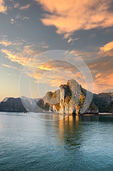 Halong Bay, Vietnam, with limestone hills and sunset sky. landscape of Ha Long bay with sunset sky