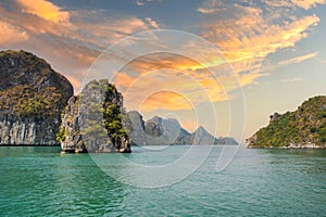 Halong Bay, Vietnam, with limestone hills and sunset sky. landscape of Ha Long bay with sunset sky