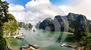 Halong Bay, Vietnam -panorama of the bay in front of Hang Sung Sot grottoes.