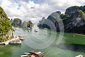 Halong Bay, Vietnam -panorama of the bay in front of Hang Sung Sot grottoes.