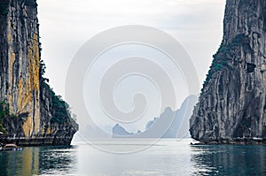 Halong Bay, Vietnam. Scenic view of rock islands in the ocean.