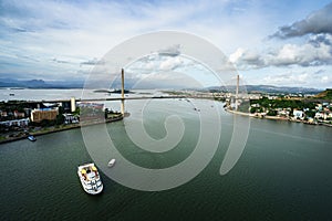 Halong city aerial view with Bai Chay bridge in Quang Ninh province, Vietnam