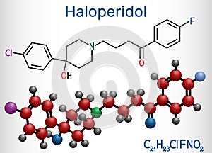 Haloperidol molecule, is antipsychotic medication. Structural chemical formula and molecule model