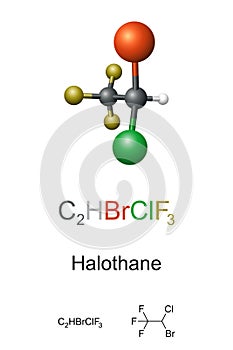 Halothane, ball-and-stick model, molecular and chemical formula