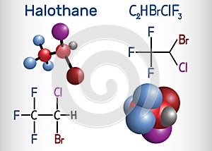 Halothane general anesthetic drug molecule. Structural chemical formula and molecule model photo