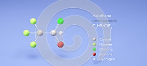 halothane molecule, molecular structures, general anaesthetic, 3d model, Structural Chemical Formula and Atoms with Color Coding