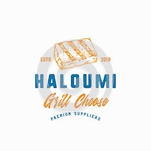 Haloumi Abstract Vector Sign, Symbol or Logo Template. Hand Drawn Sketch Cheese Piece with Retro Typography. Vintage