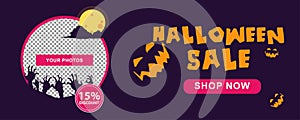 Halloween sale banner. Halloween background with tombstones, pumpkin, monster, haunted house and full moon. Invitation flyer or te