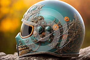 Haloween fantasy theme ornate motorcycle protective helmet closeup a the grounf in the forest. AI generated