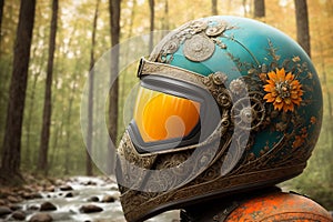 Haloween fantasy theme ornate motorcycle protective helmet closeup a the grounf in the forest. AI generated