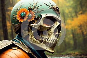 Haloween fantasy theme ornate motorcycle protective helmet closeup a the grounf in the forest. AI generated