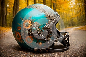 Haloween fantasy theme ornate motorcycle protective helmet closeup a the grounf in the forest. AI generated